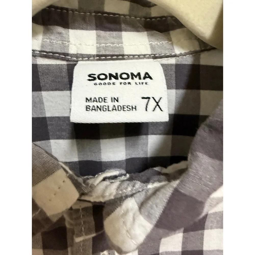 Sonoma Boys Gray White Gingham Button Down Shirt Short Sleeve Size 7X‎